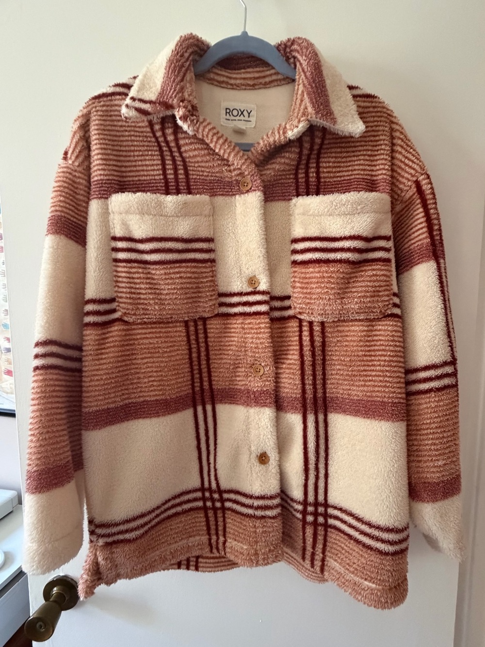 Roxy Plaid Sherpa Fleece Oversized Button Front Shacket Jacket Size S